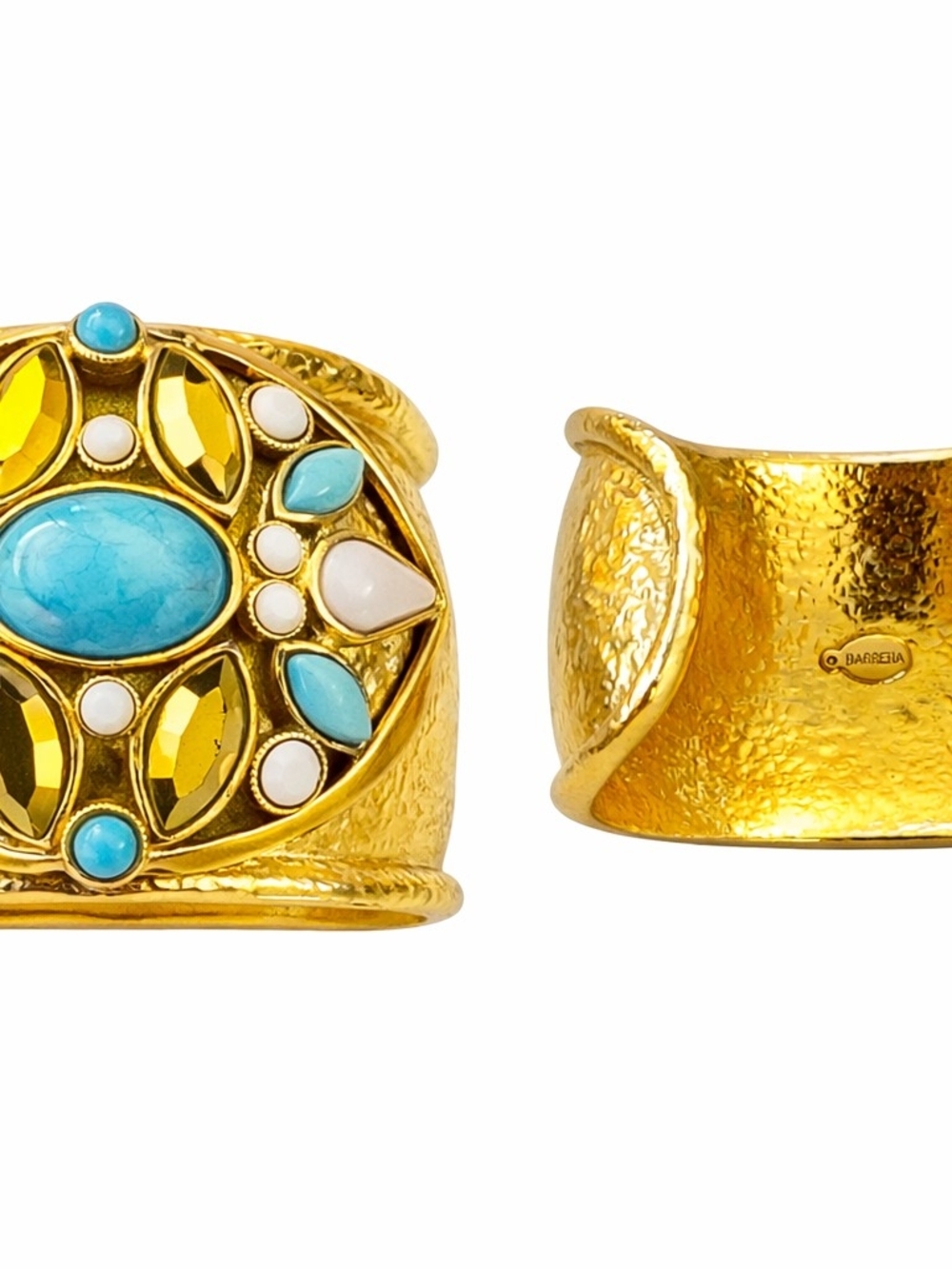 Designer Barrera Hammered Gold Tone Wide Cuff Bracelet w/Turquoise & Cabochons